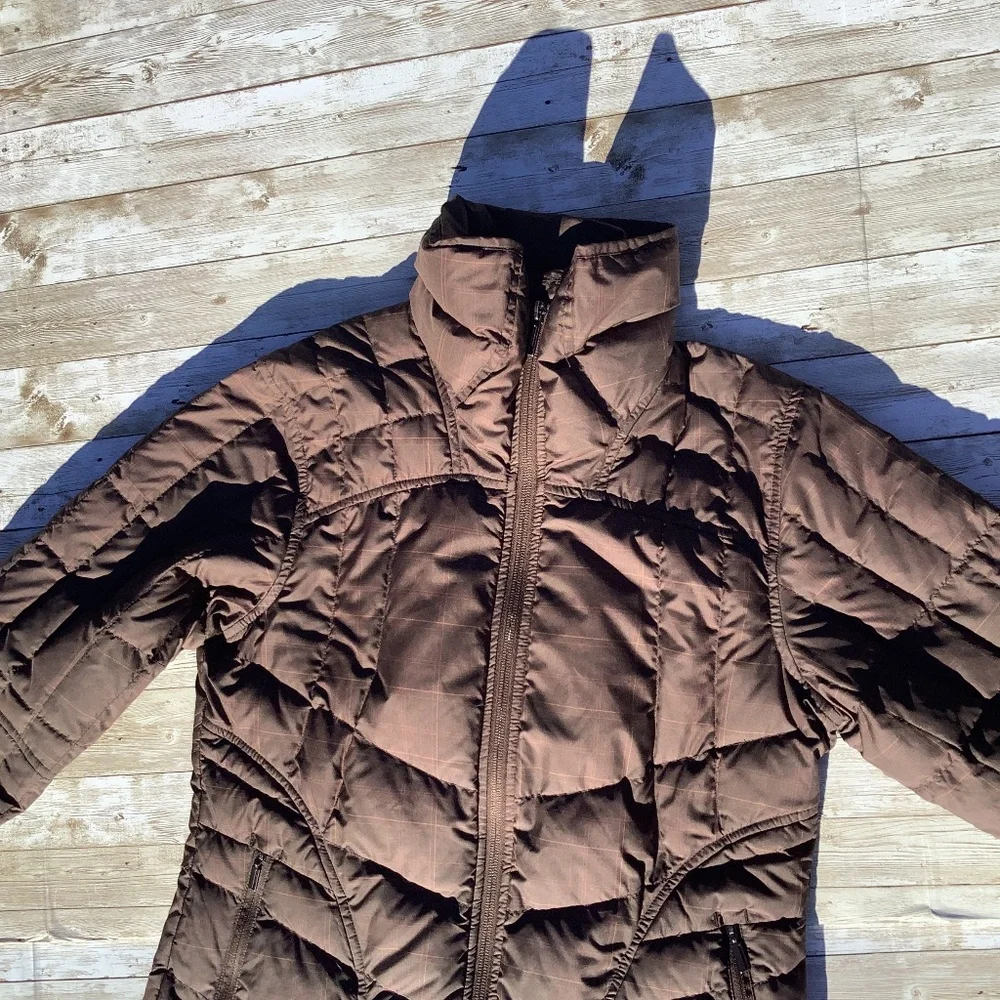 NAU Women Goose Down Puffer Jacket Plaid Brown XS extra small (easily can fit S) - Picture 2 of 15